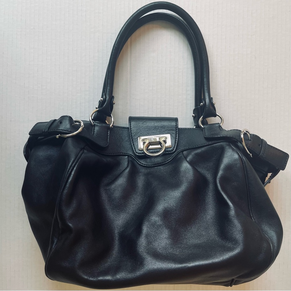 FERRAGAMO Black Soft Leather Bag Purse Silver Hardware Authentic Like New!! - Picture 5 of 12